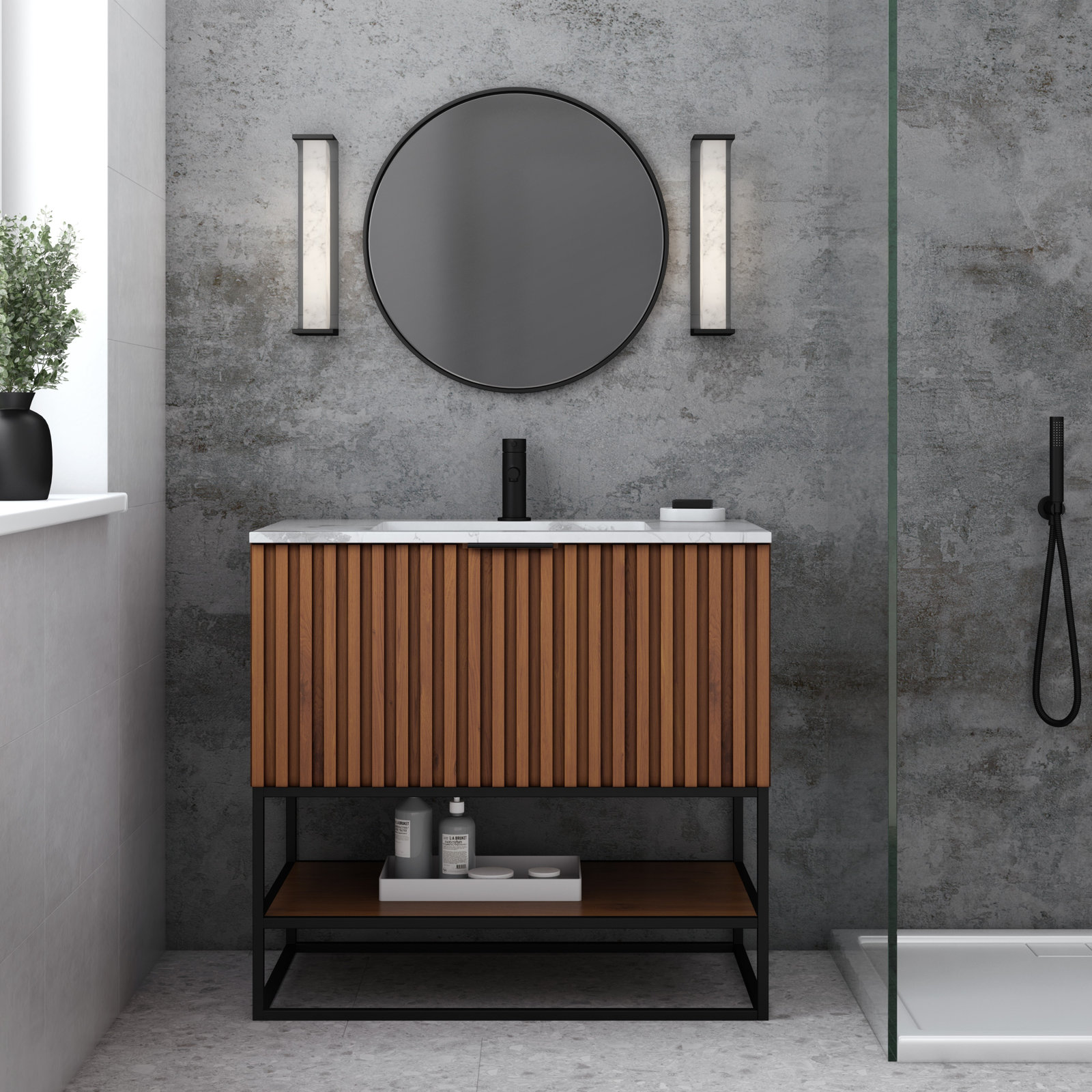 Terra 36'' Single Bathroom Vanity, Carrara Marble/Single Faucet Mount, Walnut, Matte Black