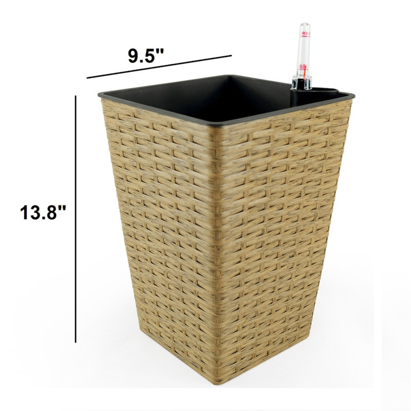 Ensemble de 2 pots de fleurs carrés auto-arrosants pour l'intérieur et l'extérieur - Osier tissé à la main, Brun