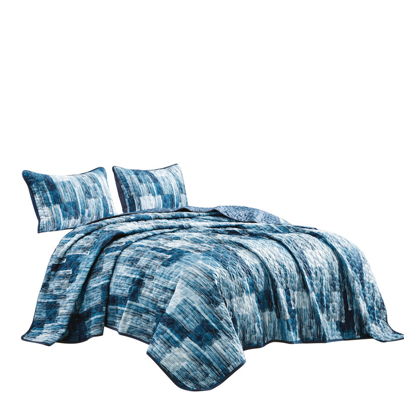Blue Organic Cotton Reversible Queen Bedspread Set