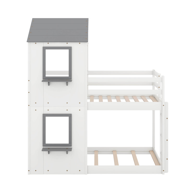 Lit superposé simple au-dessus d'un lit simple en bois avec toit, fenêtre, échelle et garde-corps, Blanc