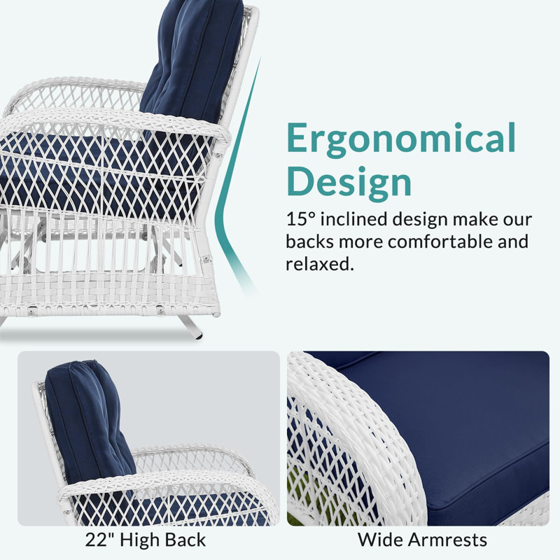 Winston Porter Outdoor Wicker Patio Glider Set, Loveseat For 2 Person Porch Furniture Glider With Glass-Top Coffee Table, Patio Glider Rocking Bench With Thickened Cushions, White Wicker