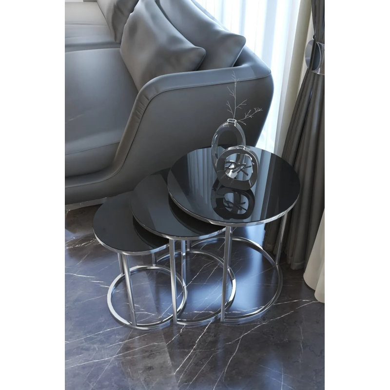Ensemble de 4 tables basses gigognes Ceylin, Noir, Argent
