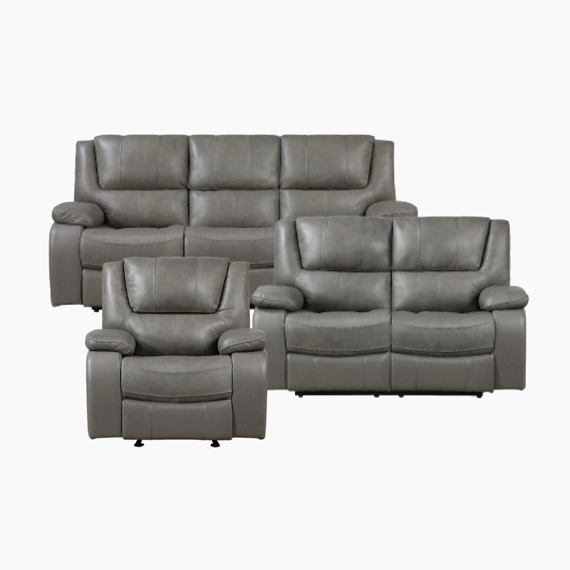 Ensemble de salon inclinable 3 pièces en cuir fleur Aulander, Gris