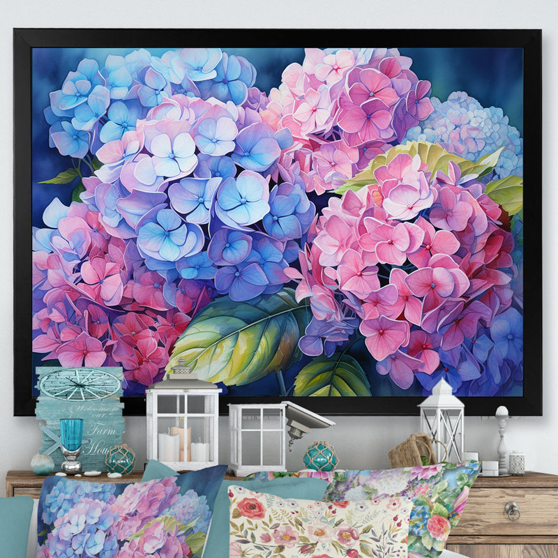 Hortensia rose et mauve coucher de soleil I - impression, H 16 po x l 32 po x P 1 po, Cadre simple noir