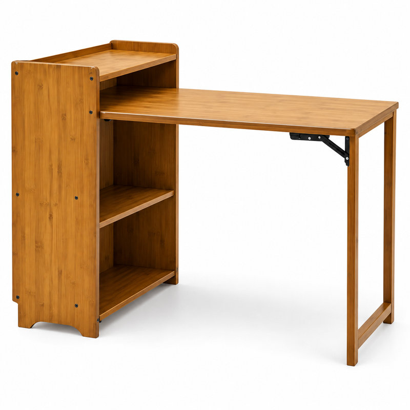 Bureau d'ordinateur pliant en bambou avec tablettes de rangement, bureau d'écriture pliable pour petits espaces, brun