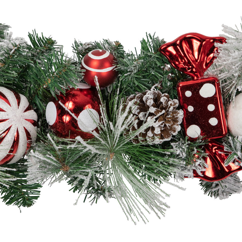 Flocked Pine Artificial Christmas Garland with Red Ornaments, 6 Feet