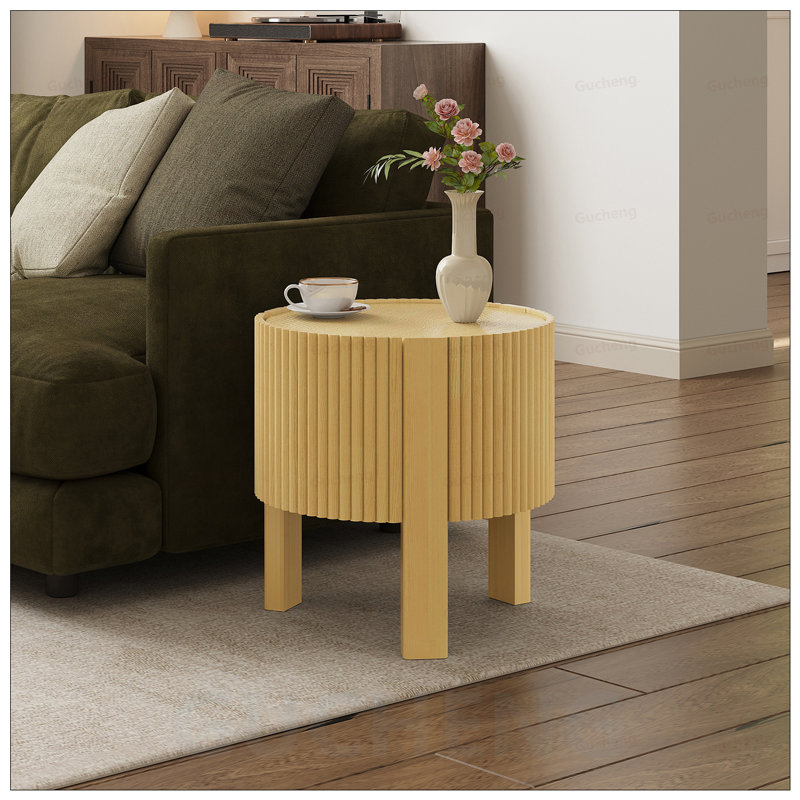 Round Fluted Side Table with Storage, Rubber Solid Wood, Soft-close Door for Living Room Elegance