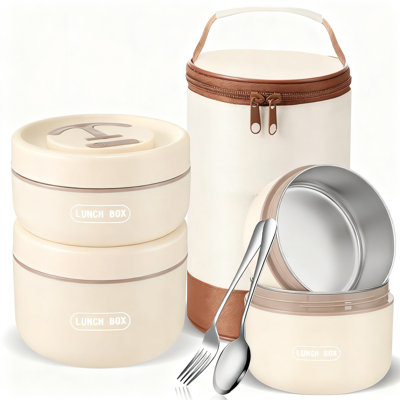 Insulated Stainless Steel Bento Lunch Set With Thermal Bag 3-Piece(Beige)
