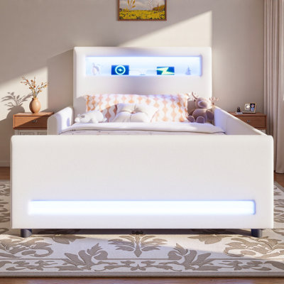 Upholstered Platform Bed With Drawer, Led Light Strip And Usb Port