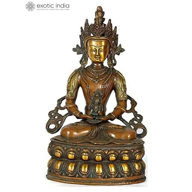 Statue en laiton de Bouddha Amitabha, divinité bouddhiste tibétaine de 13,5 po | Décoration de pièce de méditation fabriquée à la main