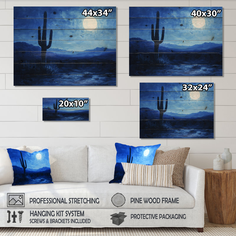 Cactus sous les étoiles bleues du désert II - décoration murale en bois de cactus floral - sur bois de pin naturel