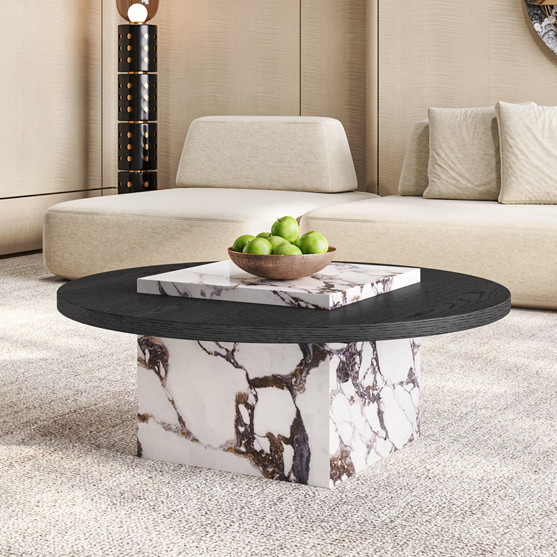 Table basse ronde 35,45 po, table basse ronde en pierre et bois avec base en pierre