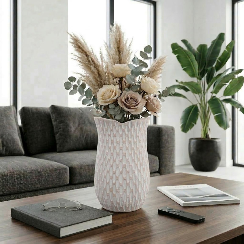 Vase en terre cuite texturé à motif de fleurs en terre cuite pour la décoration intérieure - Vase de table haute pour salon ou tablette