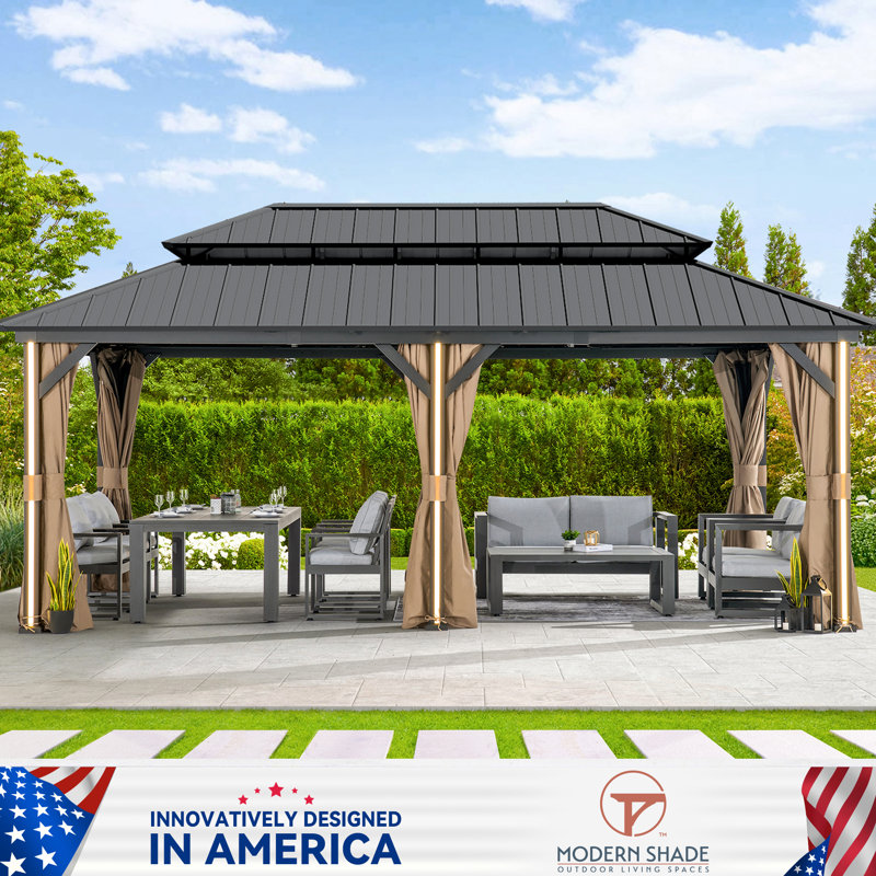 Stratford 12’ X 20’ Aluminum Galvanized Hard Top Gazebo,Double Roof With Curtain, Netting, LED Lighting And Charging Port