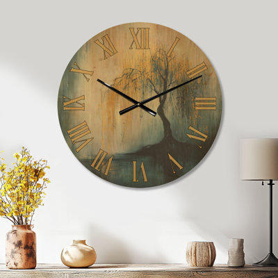 Horloge murale zen ronde « Saule pleureur doré », imprimée sur bois