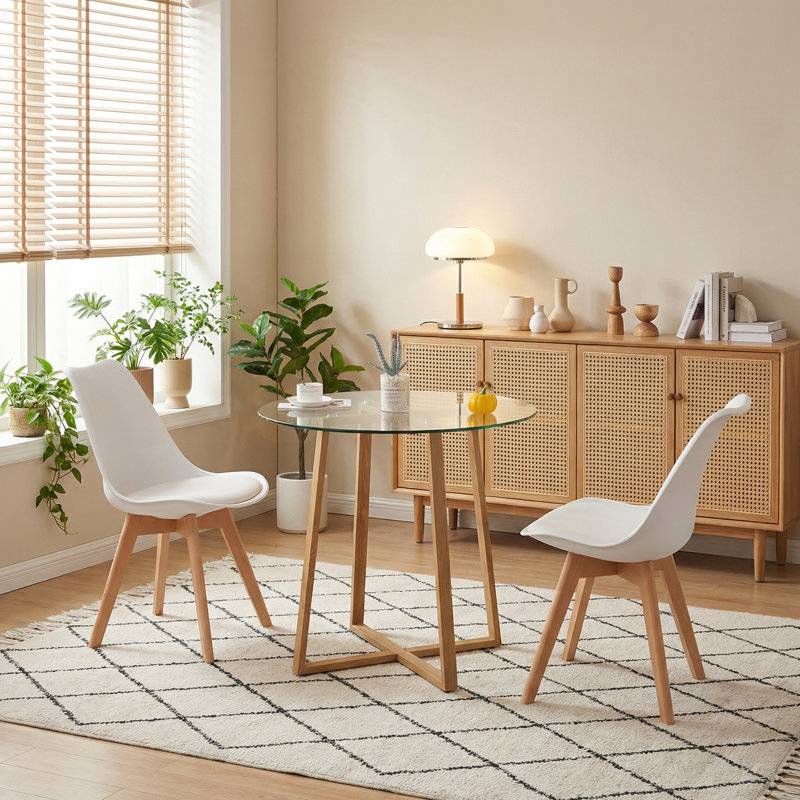 Nero Round Glass Top Metal Base Dining Table, Clear, Brown
