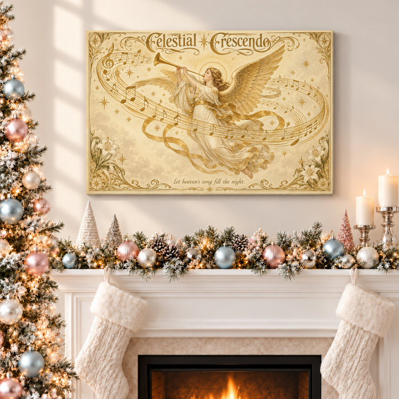 Toile de Noël avec ange doré jouant de la trompette avec notes de musique, 20"H x 30"W