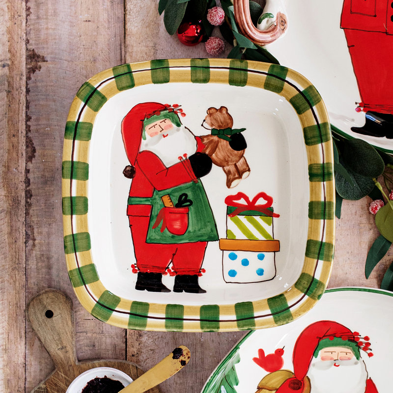 Old St. Nick Rimmed Square Platter with Teddy Bear