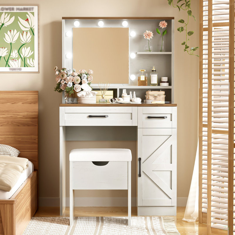Meuble-lavabo de ferme avec miroir et lumières, 3 modes d'éclairage, ensemble de coiffeuse avec tabouret, coiffeuse avec tablettes réglables, 2 tiroirs et armoire latérale pour la chambre à coucher