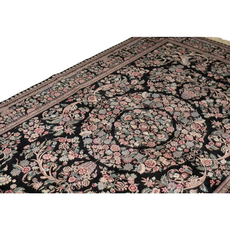 Tapis noir / blanc / rose noué à la main de haute qualité