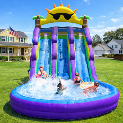 21ft Inflatable Double Water Slide With Splash Pool & Air Blower, Oxford Fabric Wet & Dry Backyard Water Slide For Kids & Adults