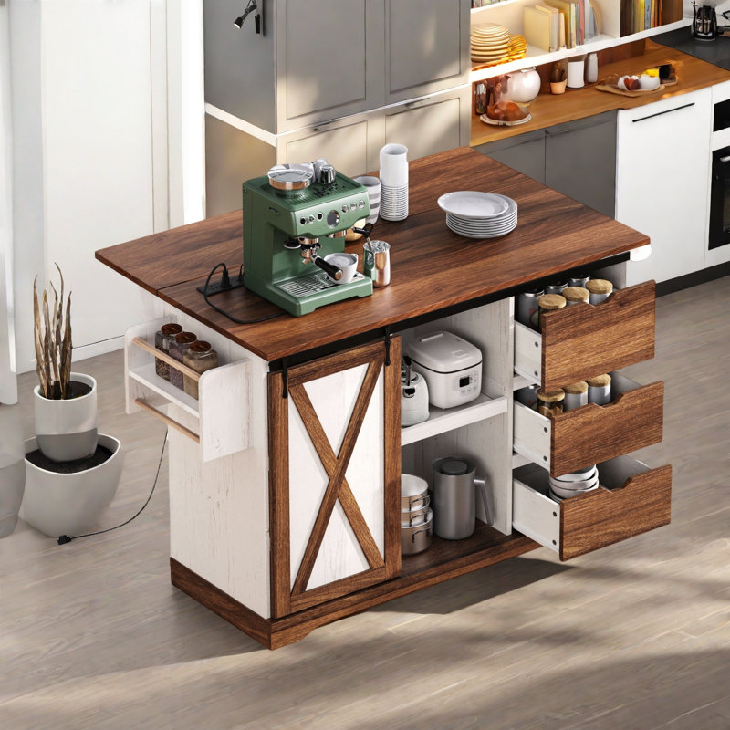 Îlot de cuisine de 55,5 po de largeur avec plateau de table extensible, Brun / Blanc