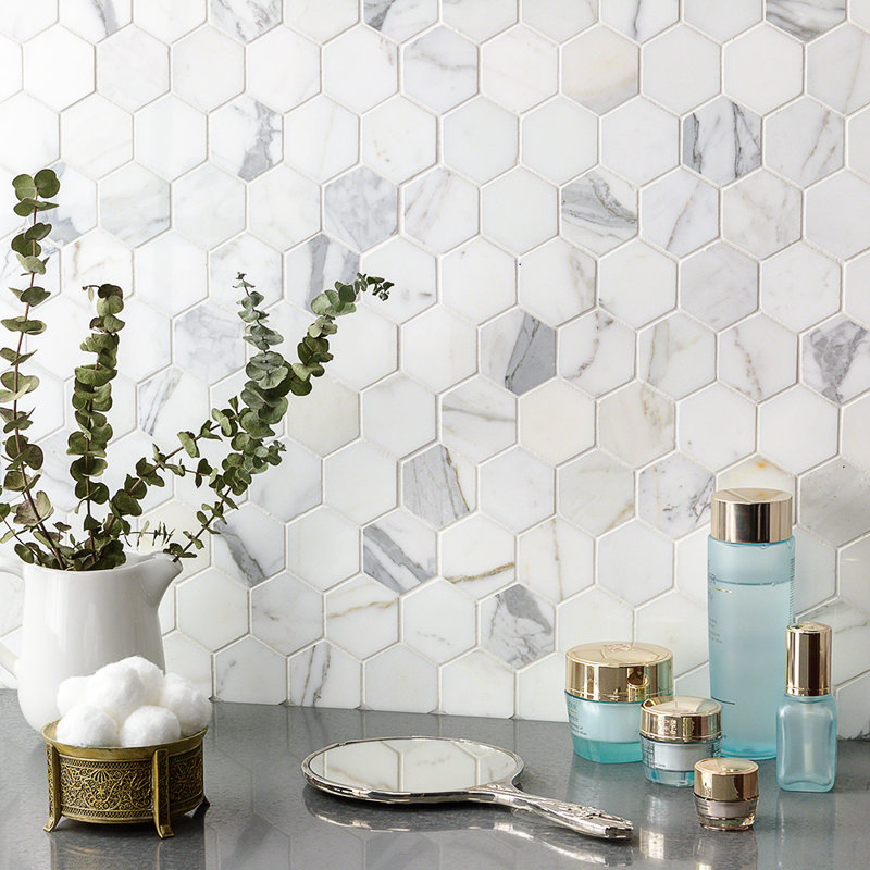  Hexagon Marble 12x12 Mosaic Tile in White/Gray