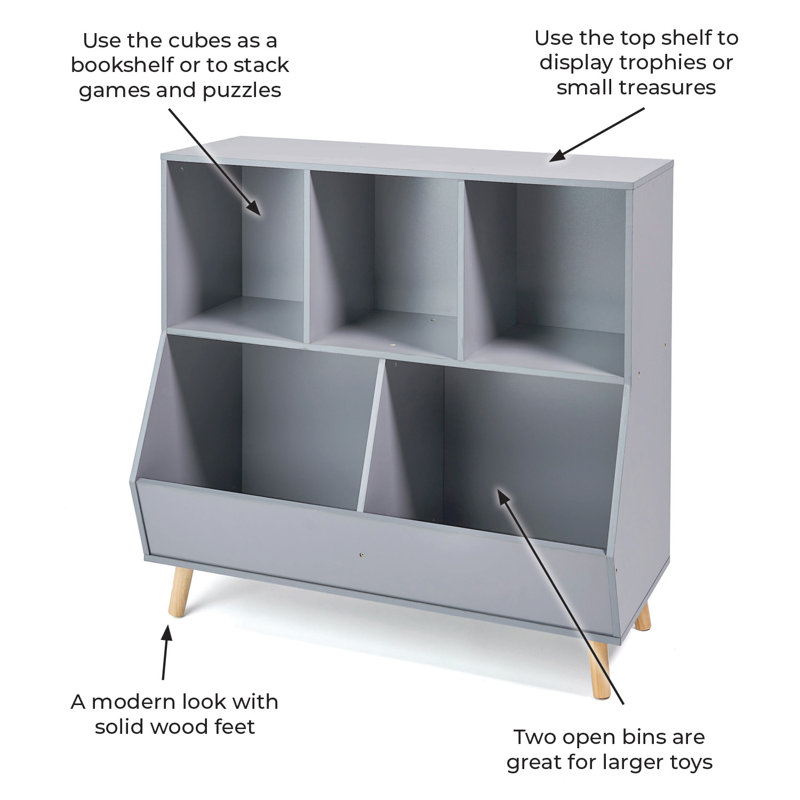 Gray Wooden 5-Bin Kids Toy Storage Organizer with Feet