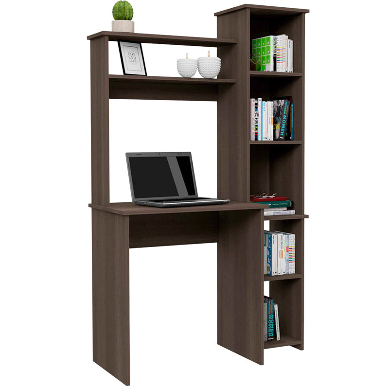 Bureau d'écriture à 6 tablettes avec bibliothèque intégrée, Brun