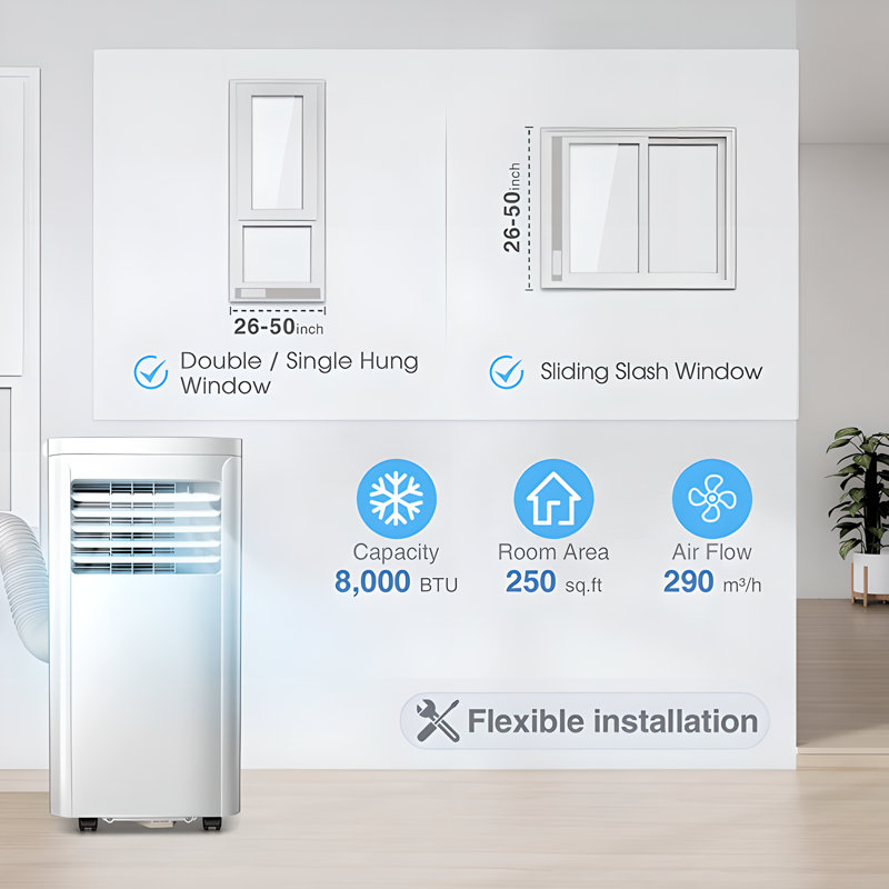 8000 BTU Portable  Air Conditioners 3 - in - 1 Cool/Fan/Dehumidify, 450 Sq. Ft Coverage, Remote + LED, Sleep & 24H Timer for Bed/Living Room