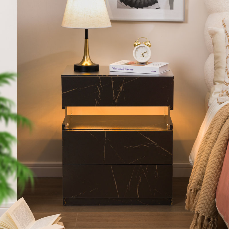 Gold and Black Modern Engineered Wood Nightstands with LED Lighting