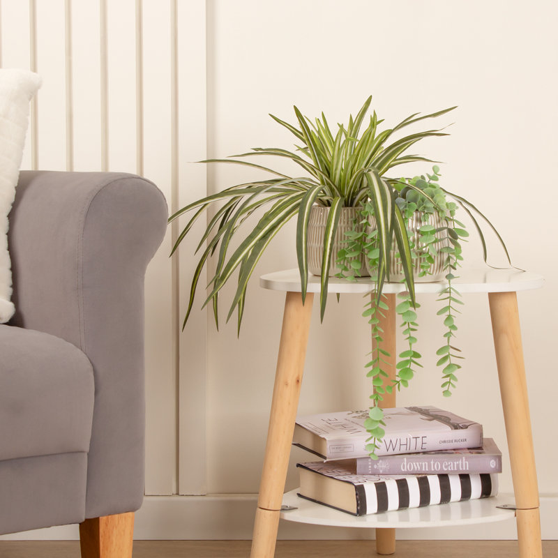 Set of 2 Faux Plants in Beige Rustic Ribbed Ceramic Pots