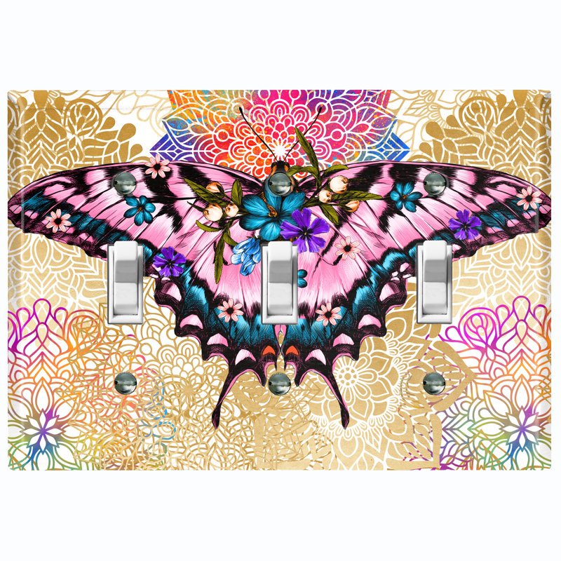 Metal Light Switch Plate Outlet Cover (Pink Butterfly Flowers Rainbow Mandala    - Single Toggle)