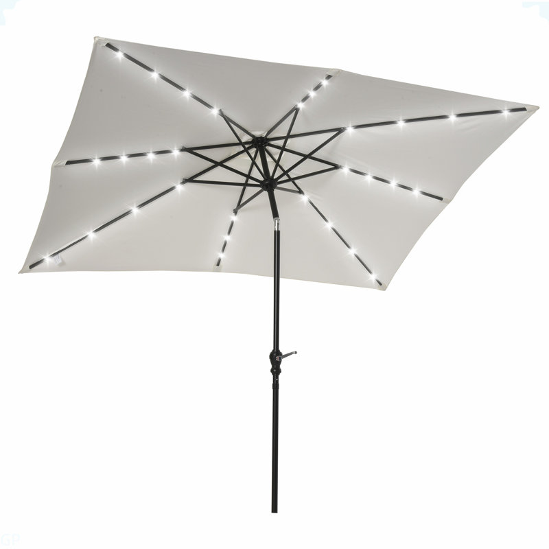 Parasol solaire de 9 pi x 7 pi Outsunny, parasol de patio éclairé à DEL pour table ou base avec inclinaison et manivelle, parasol d'extérieur pour jardin, terrasse, cour, piscine, plage, blanc