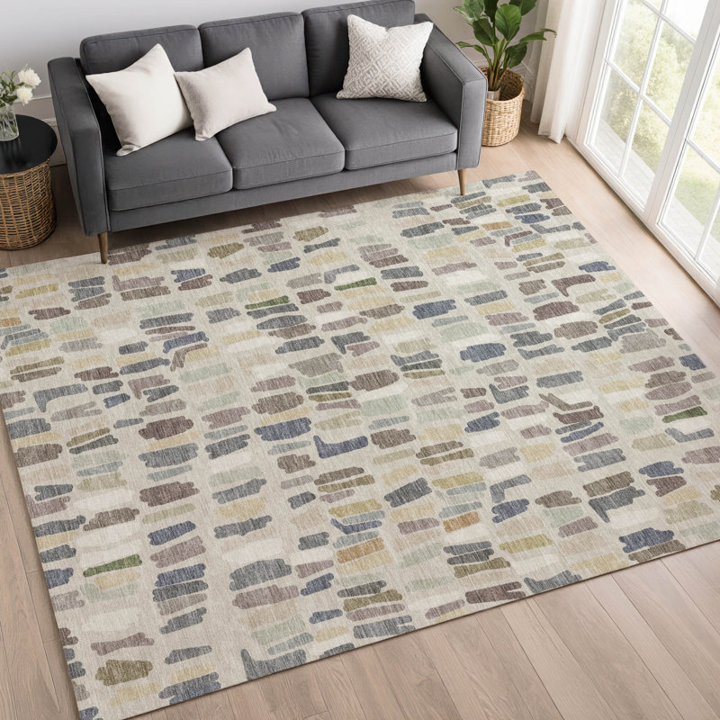 Tapis abstrait lavable à la machine de qualité supérieure Mayfield AMF2377, Lin, 8 pi x 10 pi