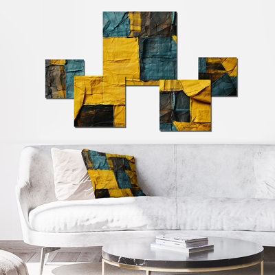 Échos cubes jaunes et verts - Collages abstraits, ensemble d'art mural carré de 5