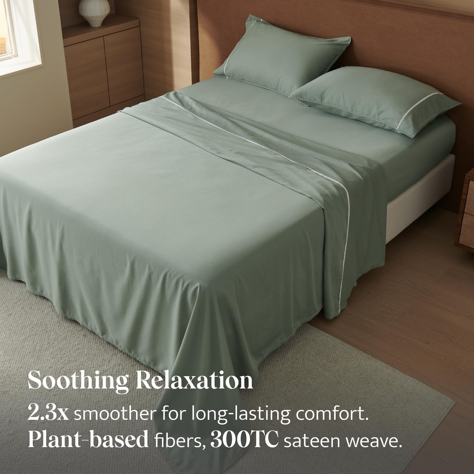 Double Stitch Cotton Tencel Solid Sheet Set, Sage Green Contrast, California King Sheet Set