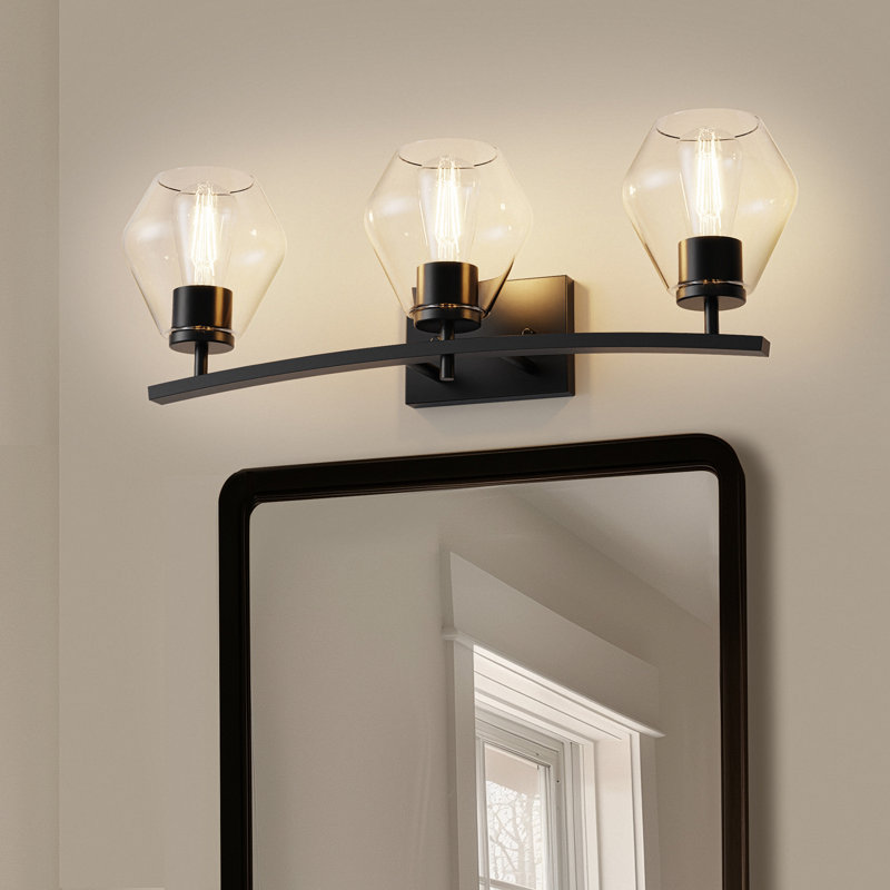 Alcide 25 po Éclairage pour meuble-lavabo 3 lumières noir avec abat-jour conique en verre pour salle de bain, miroir, salon