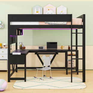 Full Wooden Loft Bed With Desk, Shelves, Charging Station And LED Light