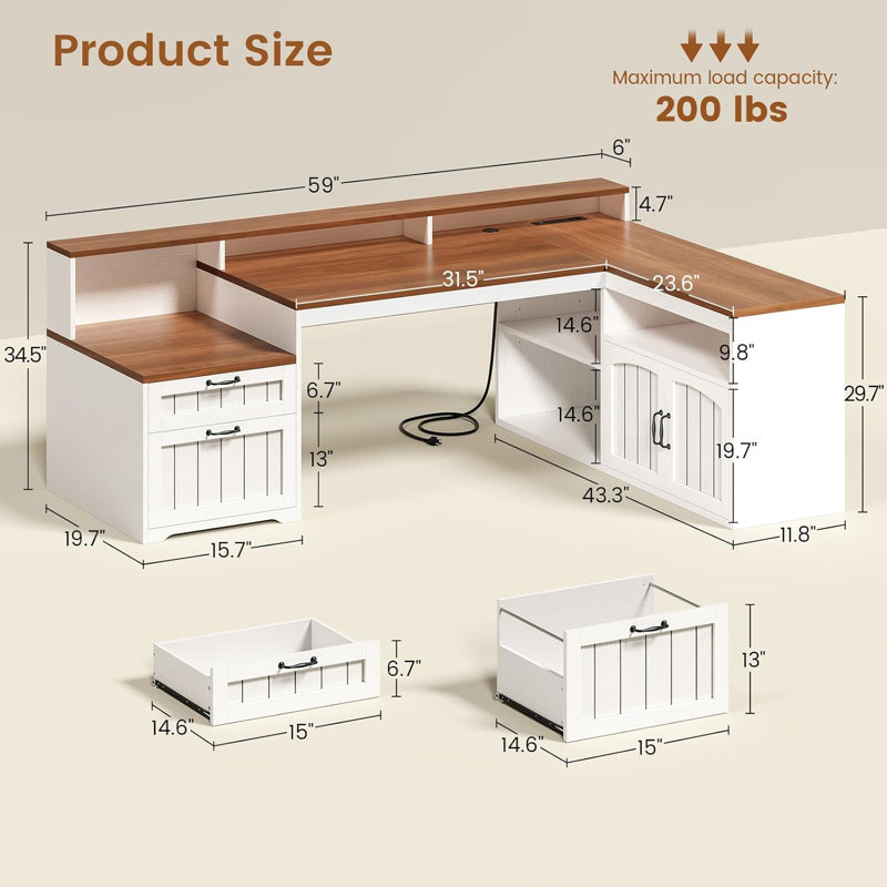 63" L Shaped Desk With Drawers, Farmhouse Corner Computer Desk, Brun / Blanc