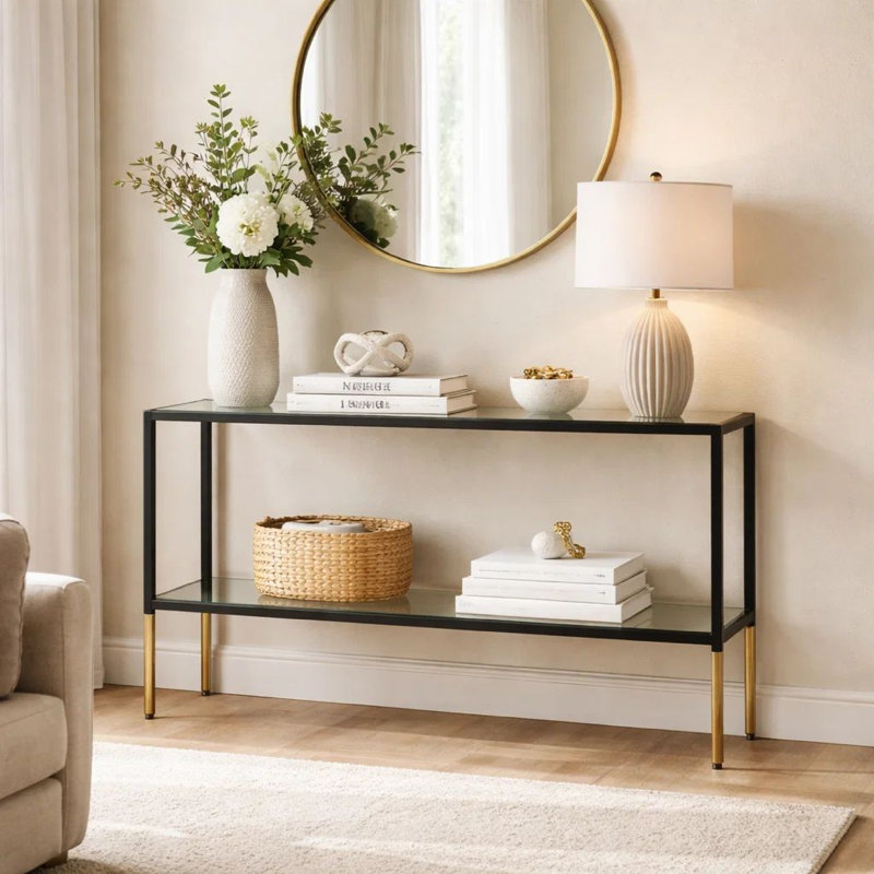 Console Beny, plateau en verre 48 po, 1 tablette, fer noir moderne
