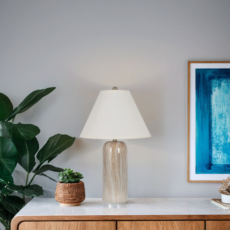 Polyresin Table Lamp with Linen Shade, Brown Marble