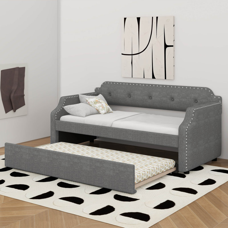 Twin Size Upholstered Daybed With Trundle, Gray