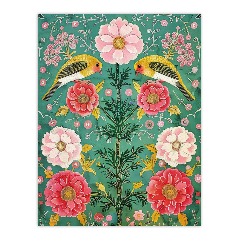 Wall Art Print Birds on Flower Vintage Green Floral Pattern Poster