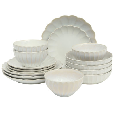 Gibson Elite Malibu Shore 16 Piece Scallop Stoneware Reactive Glaze (Service for 4) Ceramic Plates and Bowls Dinnerware Set