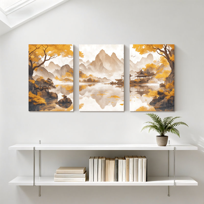 «Landscape & Nature Autumn Mountains Lake Reflection Trees Pavilion Sky», ensemble de 3 impressions sur toile
