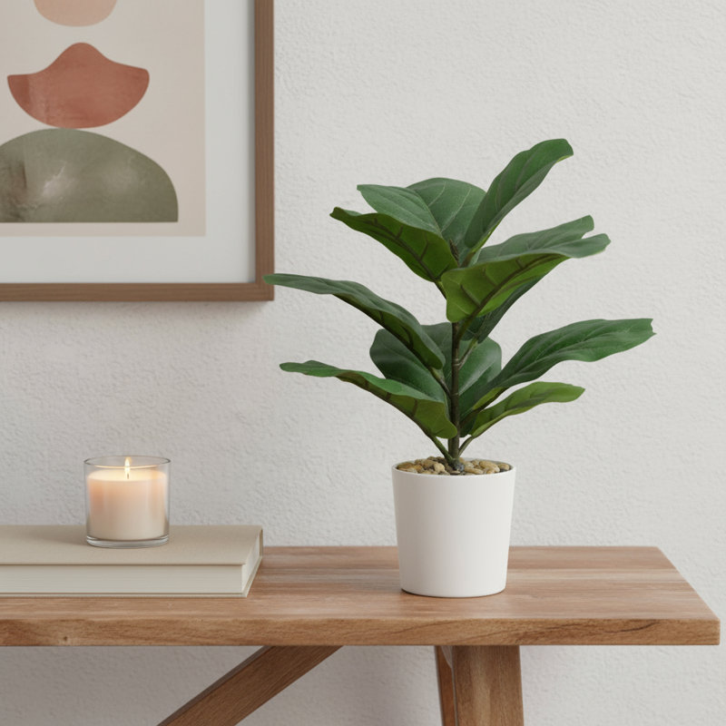 Ficus artificiel vert 14 po en pot cylindrique blanc