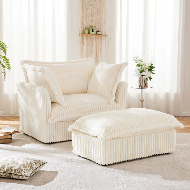 Fauteuil rembourré avec housse avec repose-pieds, Velours côtelé crème