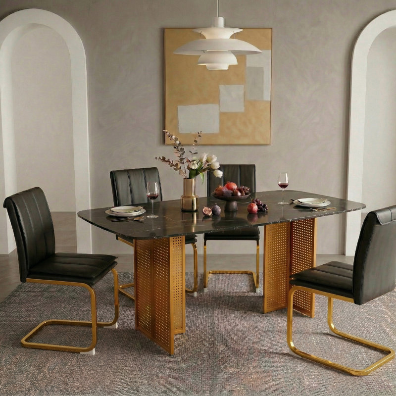 Ensemble de salle à manger 5 pièces en marbre 51 po avec pieds de table évasés et 4 chaises en porte-à-faux, noir / or