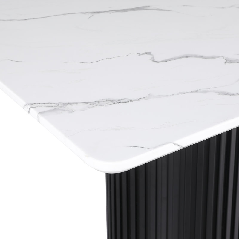 Faux Marble Dining Table for 6, with Metal Pedestal Base, White